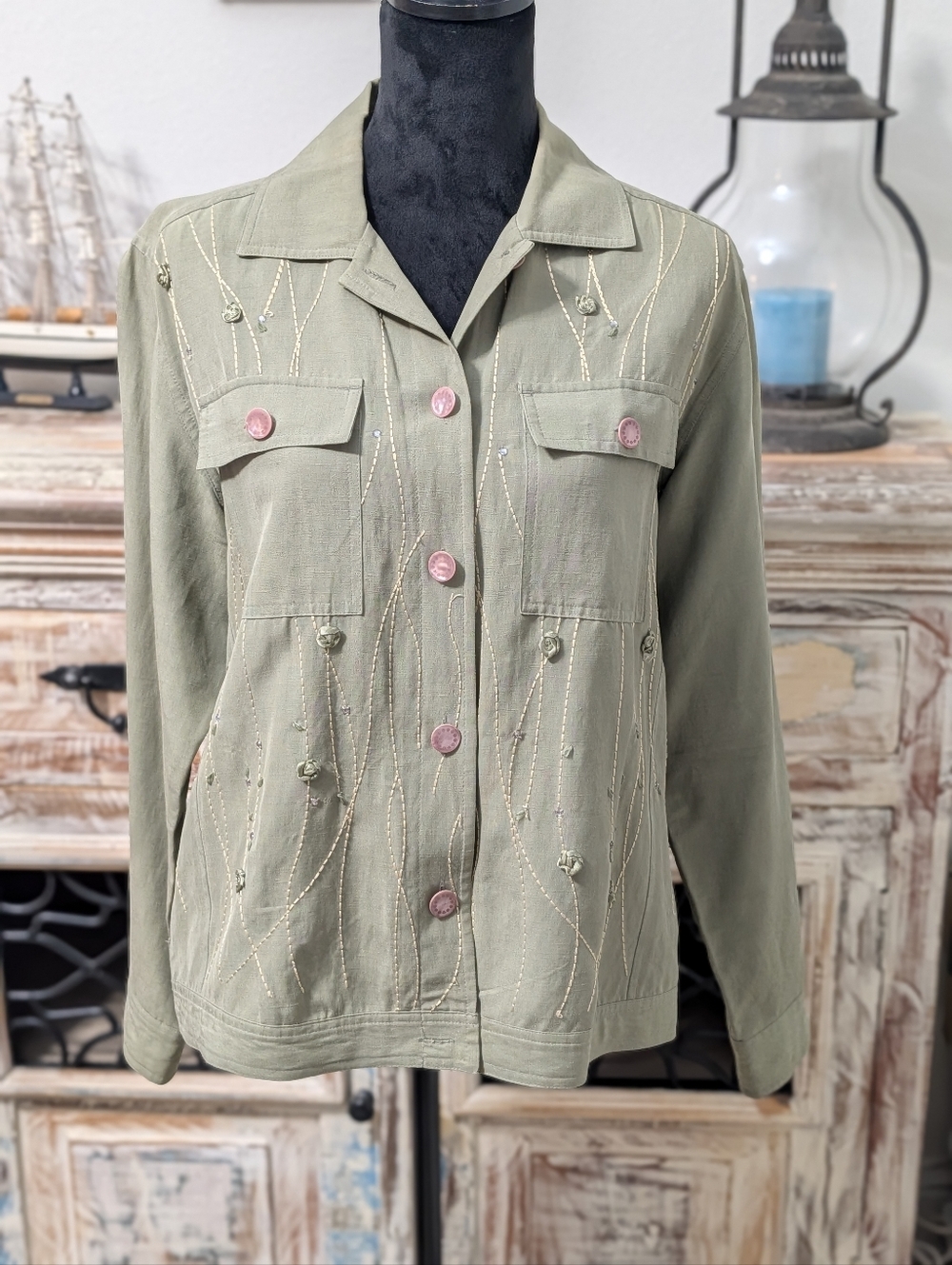 Mureli Embroidered Vine Rose Rhinestone Silk/Linen Blend Jacket Size 2